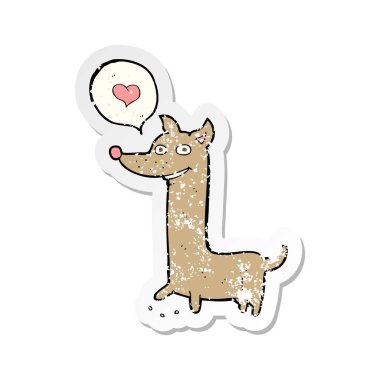 Retro sıkıntılı etiket aşk kalp bir karikatür köpek