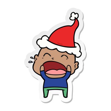 etiket karikatür Noel Baba şapkası giyen bir haykırış kel adamın el çekilmiş