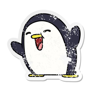 sıkıntılı etiket çizgi film illüstrasyon kawaii bir sevimli penguen