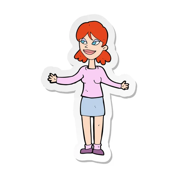 Sticker of a cartoon happy woman shruggin shoulders — Stock Vector