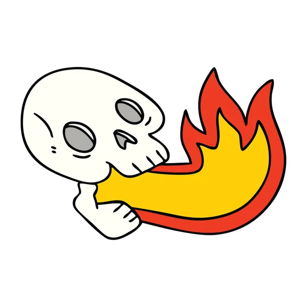 Fire Breathing Hand Drawn Quirky Cartoon Skull — Stock Vector
