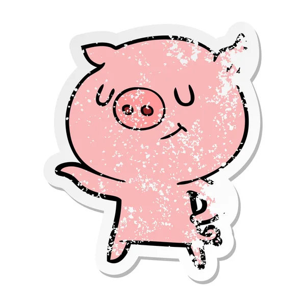 Mutlu karikatür domuz bir sıkıntılı etiket — Stok Vektör