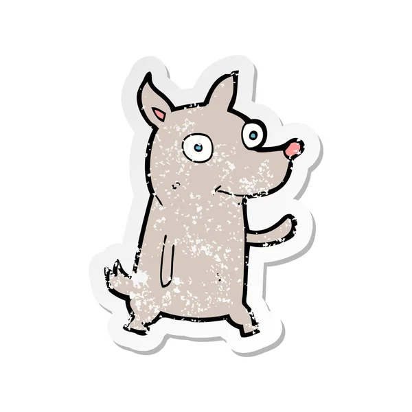 Retro Distressed Sticker Cartoon Little Dog Waving — Stock Vector