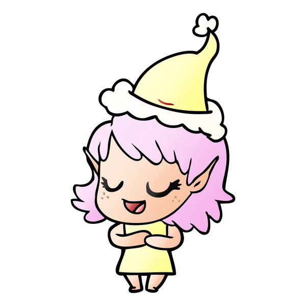 一个戴着圣诞老人帽子的精灵女孩的快乐手绘梯度卡通 — 图库矢量图片