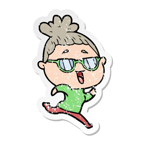 Aufkleber einer Cartoon-glücklichen Frau mit Brille — Stockvektor