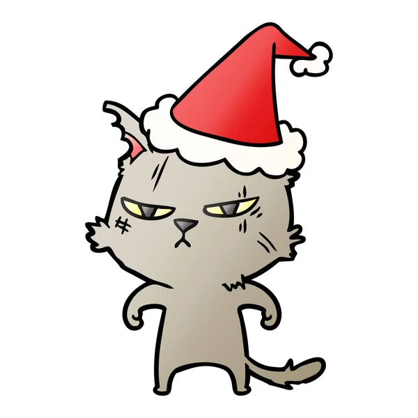 Tough gradient cartoon of a cat wearing santa hat — Stock Vector