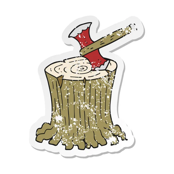 Retro Distressed Sticker Cartoon Axe Tree Stump — Stock Vector