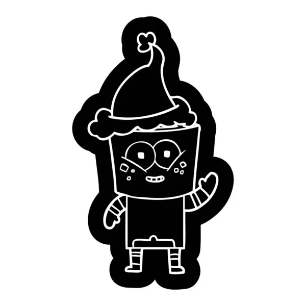 Ícone de desenho animado feliz de um robô acenando Olá vestindo chapéu de santa — Vetor de Stock