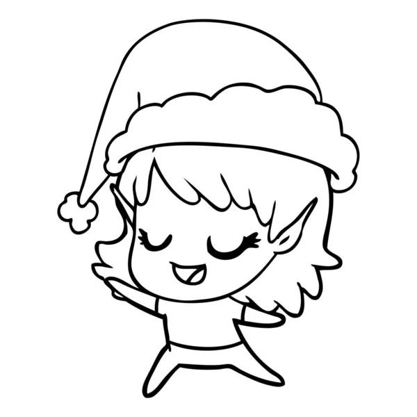 Hand Drawn Line Drawing Happy Elf Girl Dancing Wearing Santa — Stock Vector