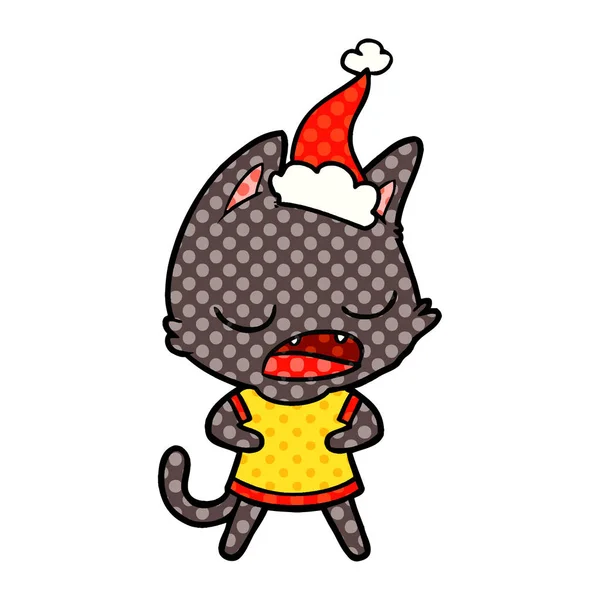 Sprechende Katze Handgezeichnet Comic Stil Illustration Eines Tragens Weihnachtsmann Hut — Stockvektor