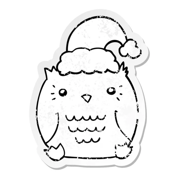 Distressed Sticker Cute Cartoon Owl Wearing Christmas Hat — Stock Vector