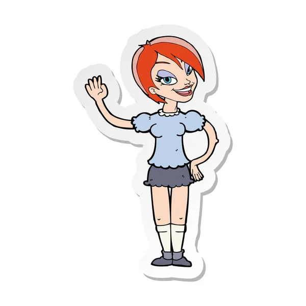 Sticker of a cartoon waving woman — Stock Vector