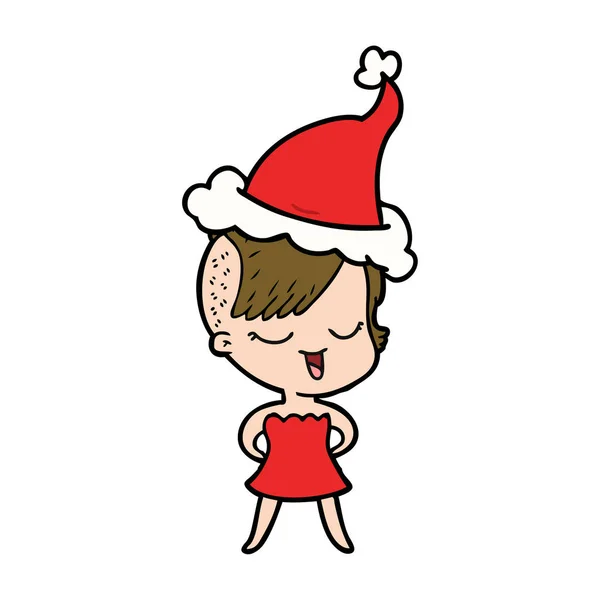 一个穿着鸡尾酒礼服的女孩戴着圣诞老人帽的快乐手绘线画 — 图库矢量图片