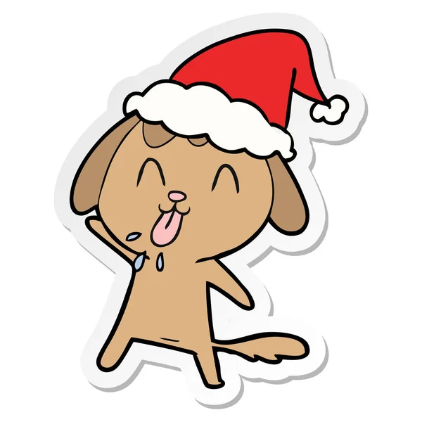 산타 모자를 쓰고 강아지의 귀여운 스티커 만화 — 스톡 벡터