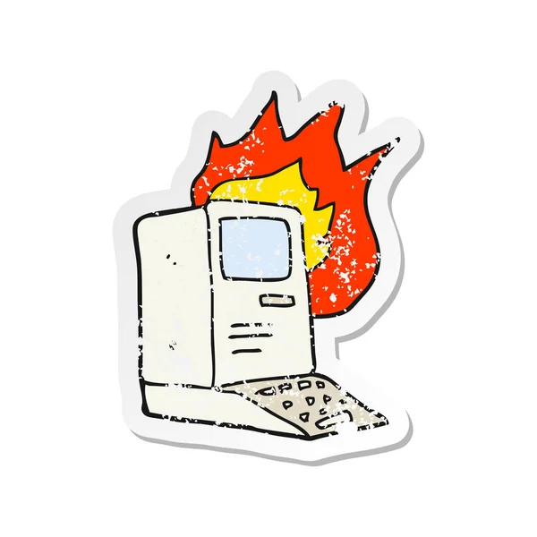 Retro Distressed Nálepka Kreslený Starého Počítače Plamenech — Stockový vektor