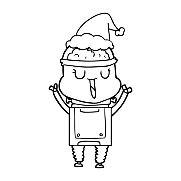 Noel Baba şapkası giyen bir robot mutlu çizgi çizme — Stok Vektör