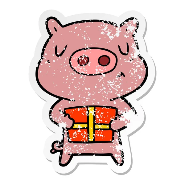 Distressed Sticker Cartoon Christmas Pig — Stock Vector