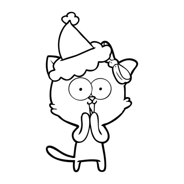 Dessin au trait d'un chat portant un chapeau de Père Noël — Image vectorielle