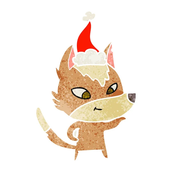 Freundliche Handgezeichnete Retro Karikatur Eines Wolfes Mit Weihnachtsmütze — Stockvektor