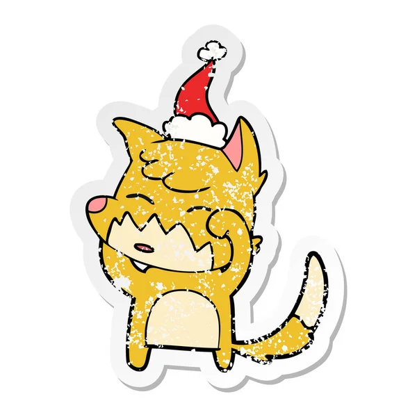 Hand Drawn Distressed Sticker Cartoon Fox Wearing Santa Hat — Stock Vector