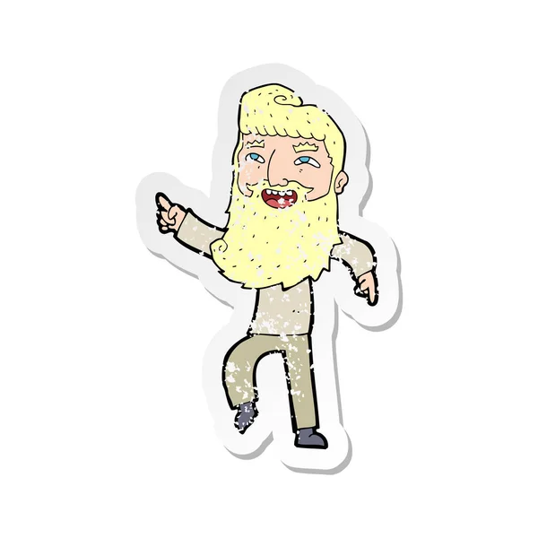 Retro Adesivo Angosciato Uomo Cartone Animato Con Barba Ridendo Indicando — Vettoriale Stock