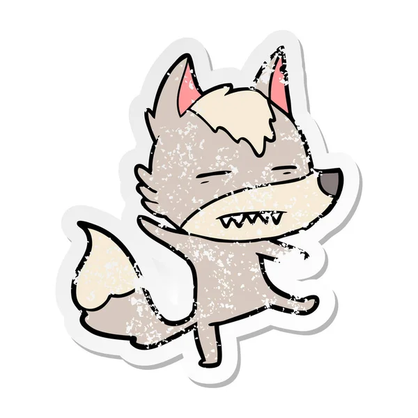 Verontruste sticker van een cartoon wolf weergeven tanden — Stockvector