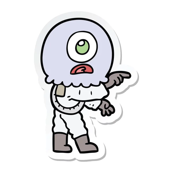 Sticker Van Een Cartoon Cyclops Buitenaardse Spaceman Wijzen — Stockvector