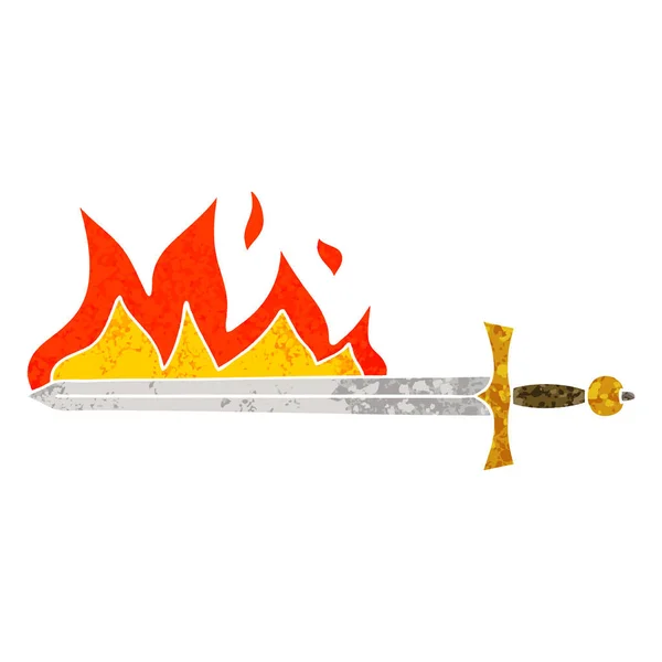 Skurrile Retro-Illustration Stil Cartoon flammendes Schwert — Stockvektor