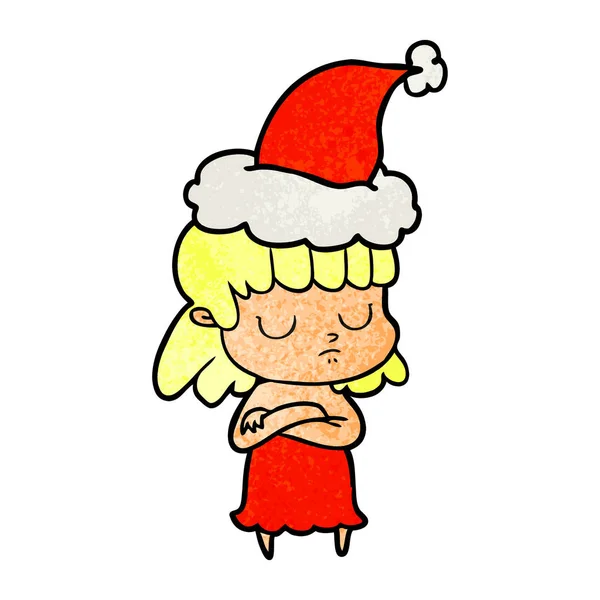 Dessin animé texturé d'une femme indifférente portant un chapeau de Père Noël — Image vectorielle