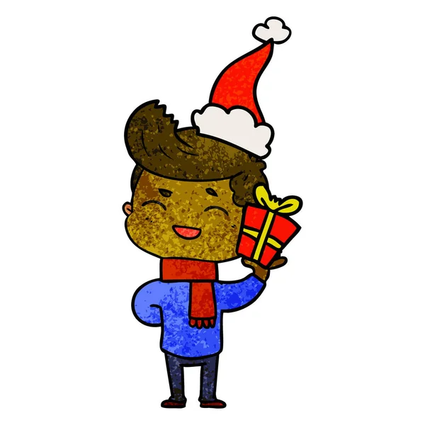 Dessin animé texturé d'un homme riant portant un chapeau de Père Noël — Image vectorielle