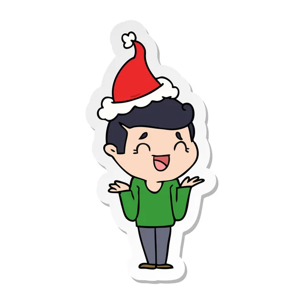 Sticker Karikatur eines lachenden verwirrten Mannes mit Weihnachtsmütze — Stockvektor