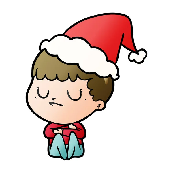 Hand Drawn Gradient Cartoon Grumpy Boy Wearing Santa Hat — Stock Vector