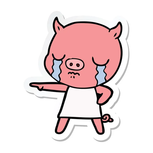 Sticker of a cartoon pig crying pointing — Stock Vector