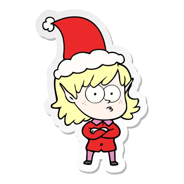 Handgezeichnete Sticker Karikatur Eines Elfenmädchens Mit Weihnachtsmütze — Stockvektor