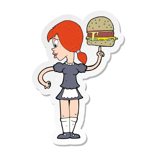 Sticker Cartoon Waitress Serving Burger — Stock Vector