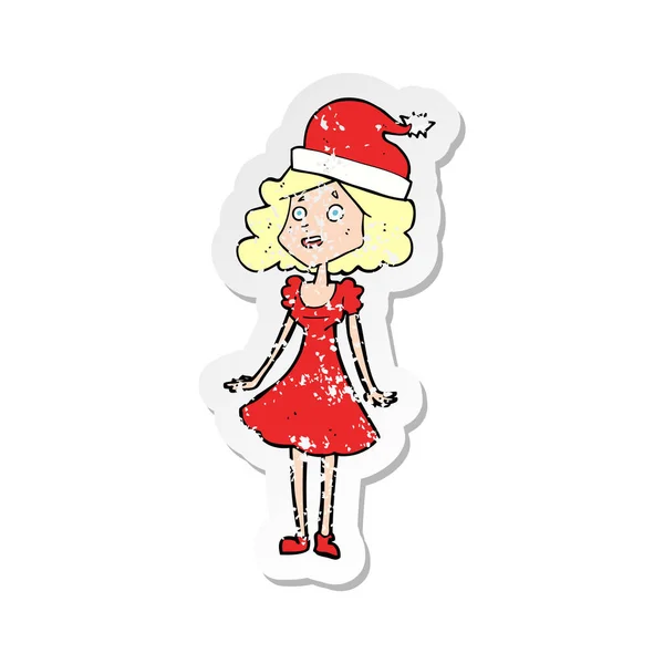 Pegatina Retro Angustiado Una Mujer Dibujos Animados Vestida Para Navidad — Vector de stock