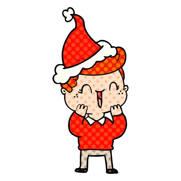 手绘漫画书风格的插图一个笑男孩戴着圣诞老人的帽子 — 图库矢量图片