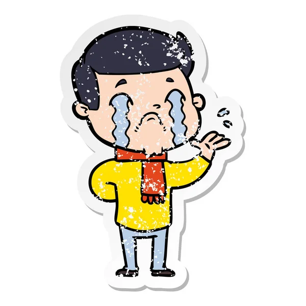 Distressed Sticker Cartoon Man Crying — Stock Vector