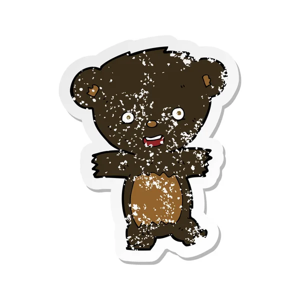 Etiqueta angustiada retro de um filhote de urso preto de pelúcia de desenho animado — Vetor de Stock