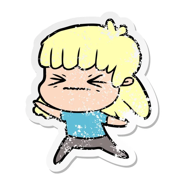 Distressed Sticker Cartoon Angry Girl — Stock Vector