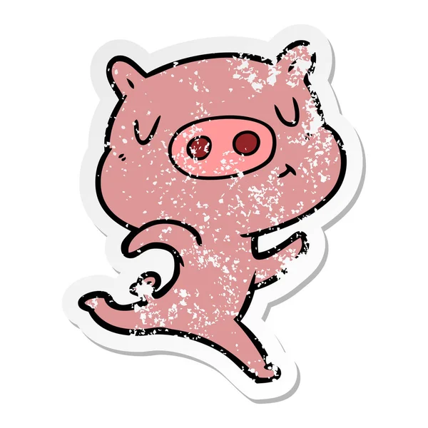 Distressed Sticker Cartoon Content Pig Running — Stock Vector