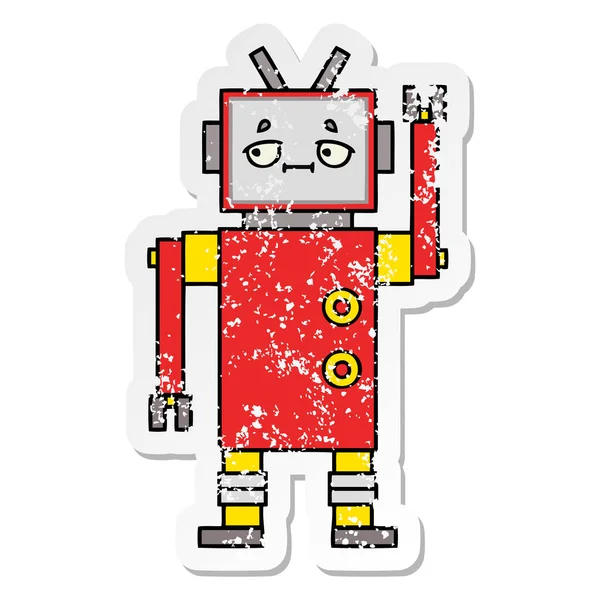 Verontruste sticker van een leuke cartoon robot — Stockvector