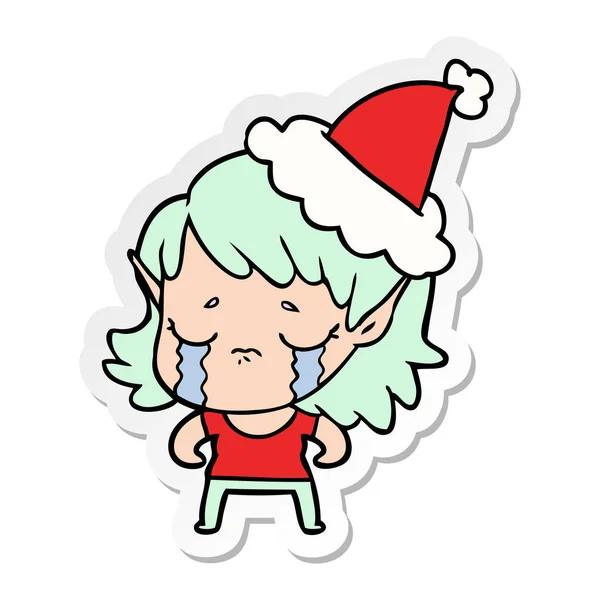 Etiket Karikatür Noel Baba Şapkası Giyen Ağlayan Bir Elf Kızın — Stok Vektör