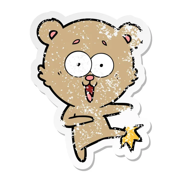 Autocollant affligé d'un ours en peluche rire dessin animé — Image vectorielle