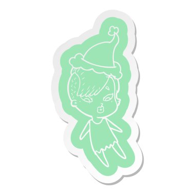 Noel Baba şapkası giyen bir sürpriz kız çizgi film etiketi