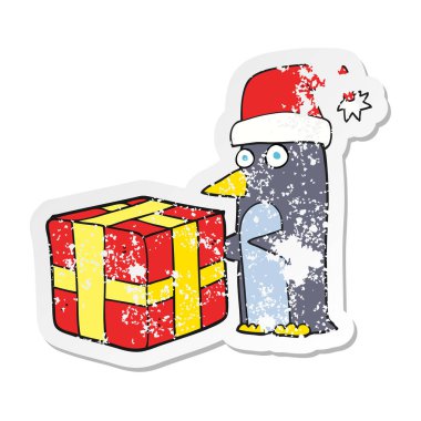 Retro sıkıntılı etiket bir karikatür Noel penguen ile pre