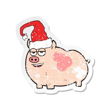 Retro sıkıntılı etiket bir karikatür Noel domuz