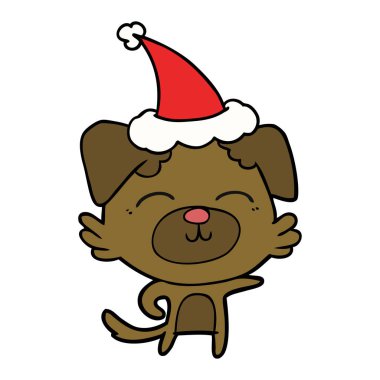 çizgi çizme giyen Noel Baba şapkası işaret eden bir köpek