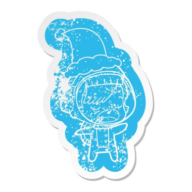 Noel Baba şapkası giyen konuşan bir astronot kadın ilginç karikatür sıkıntılı etiket