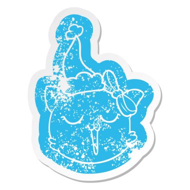 Noel Baba şapkası giyen bir kedi yüz ilginç karikatür sıkıntılı etiket